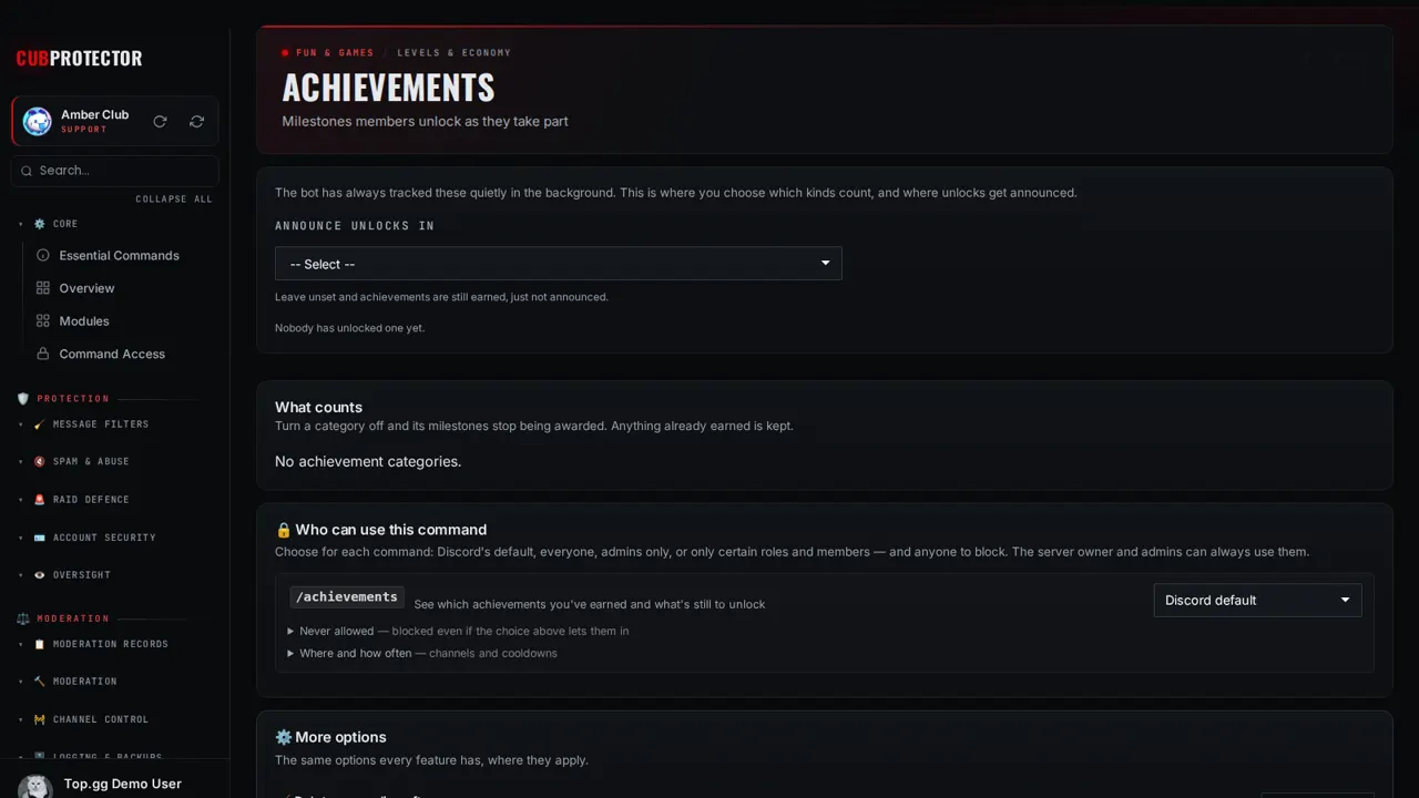 The Achievements page on the CUB PROTECTOR dashboard