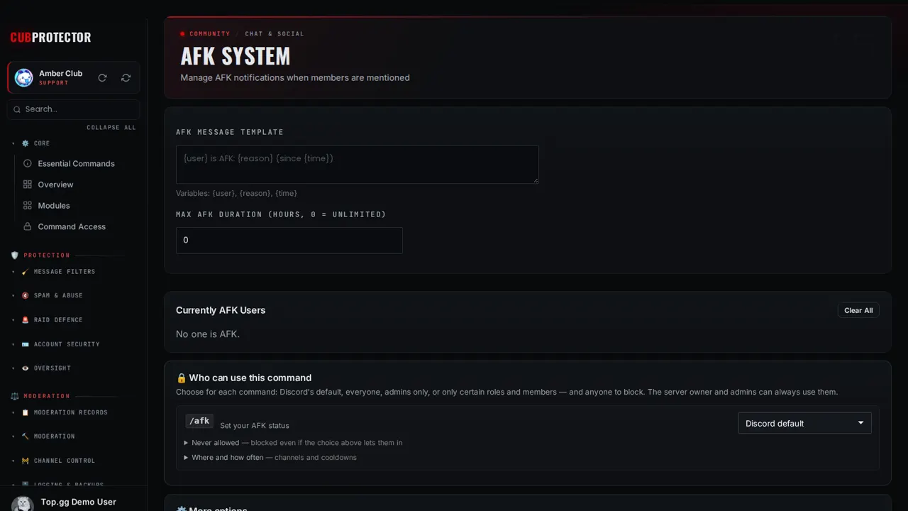 The AFK page on the CUB PROTECTOR dashboard