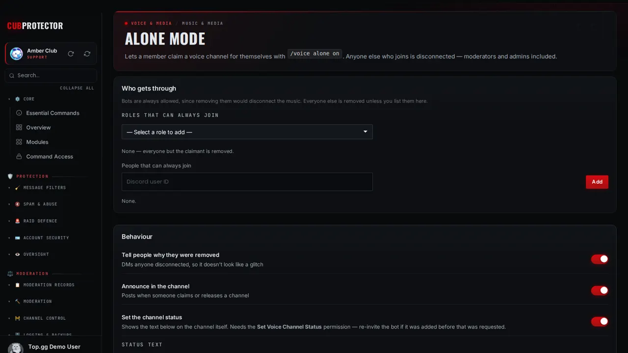 The Alone Mode page on the CUB PROTECTOR dashboard