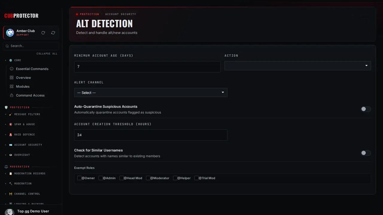 The Alt Detection page on the CUB PROTECTOR dashboard