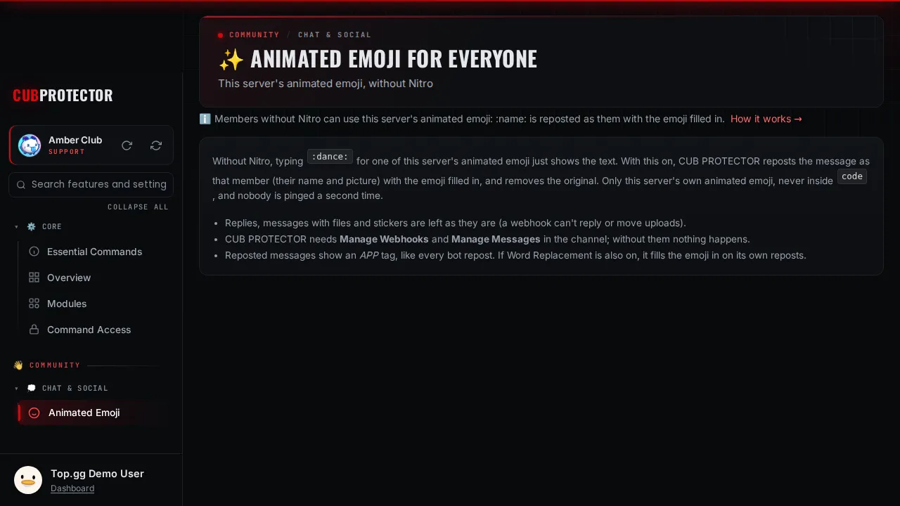 The Animated Emoji for Everyone page on the CUB PROTECTOR dashboard