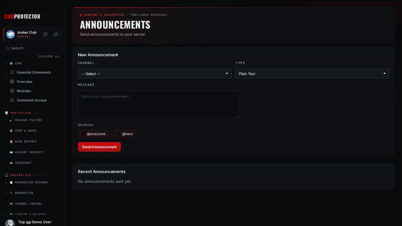 The Announcements page on the CUB PROTECTOR dashboard