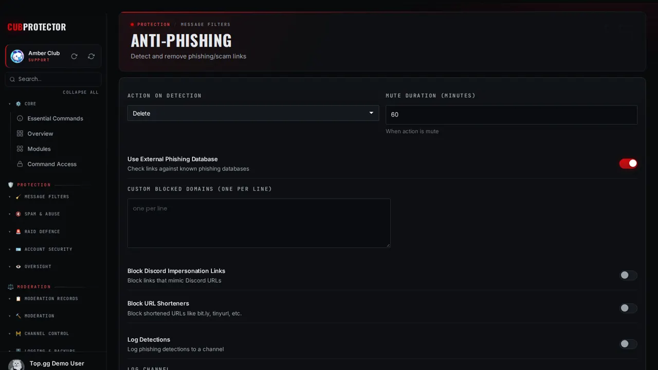 The Anti-Phishing page on the CUB PROTECTOR dashboard