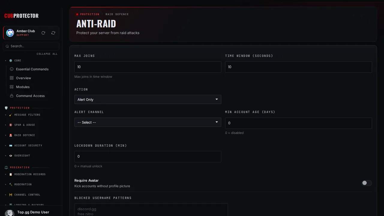 The Anti-Raid page on the CUB PROTECTOR dashboard