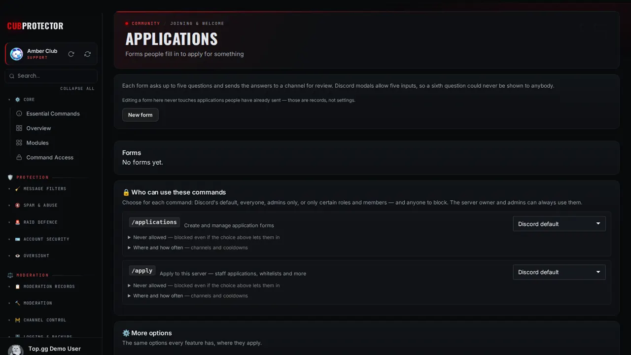 The Applications page on the CUB PROTECTOR dashboard
