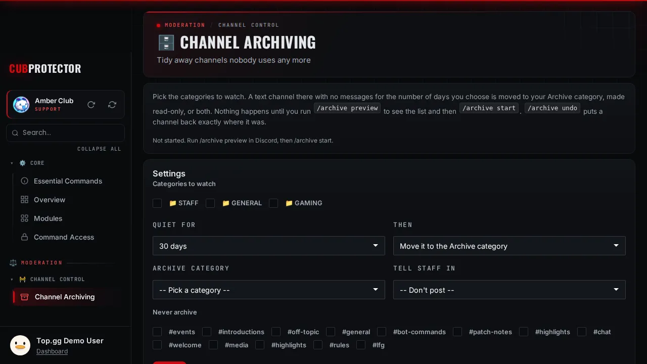 The Channel Archiving page on the CUB PROTECTOR dashboard