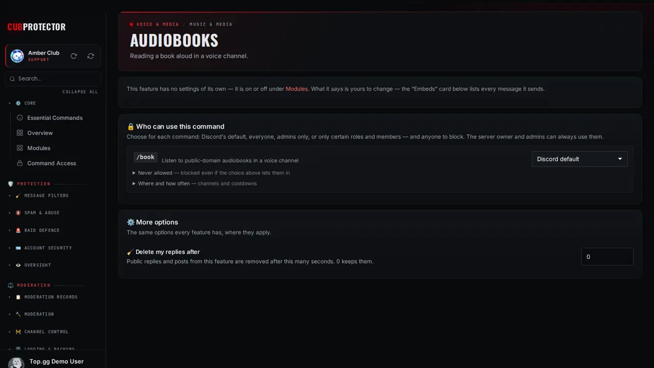 The Audiobooks page on the CUB PROTECTOR dashboard