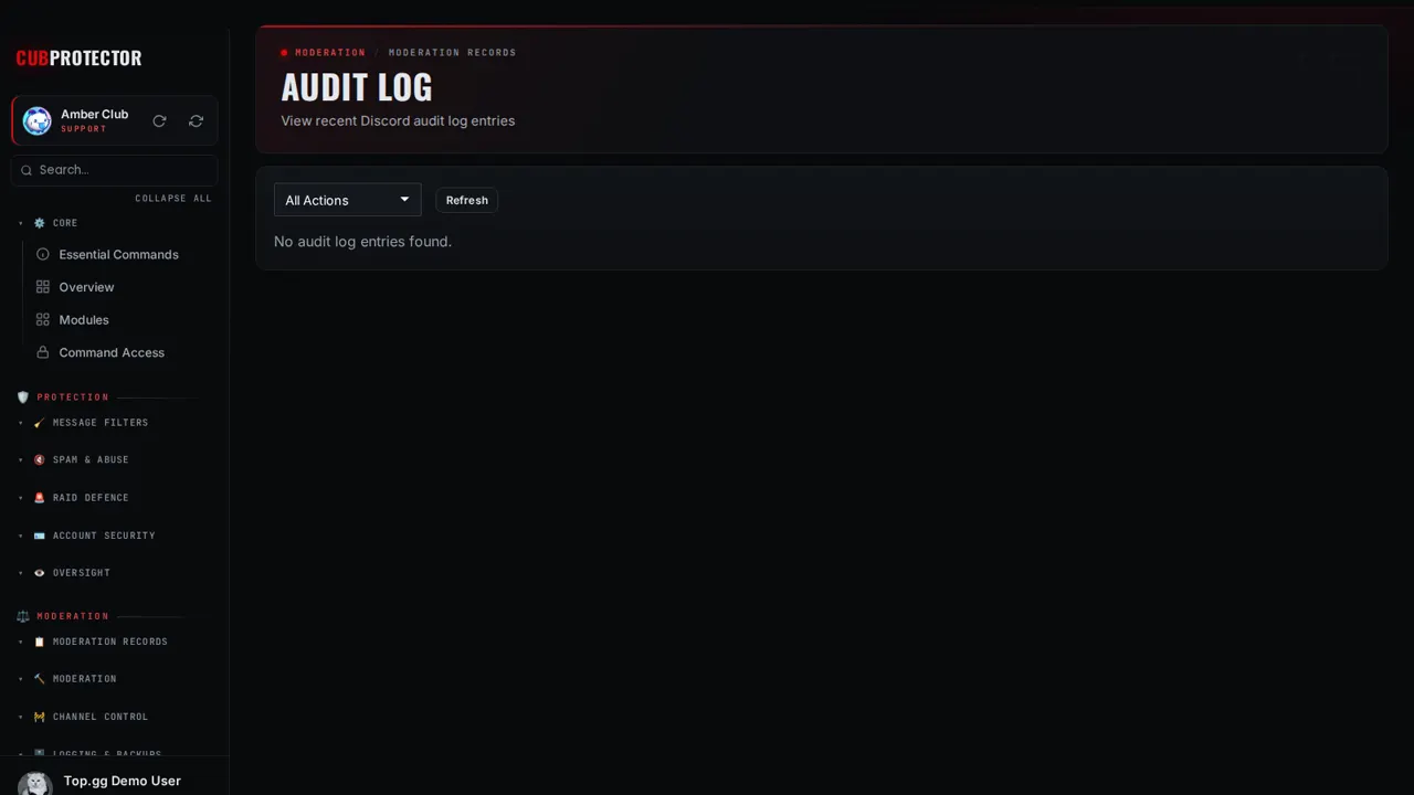 The Audit Log page on the CUB PROTECTOR dashboard