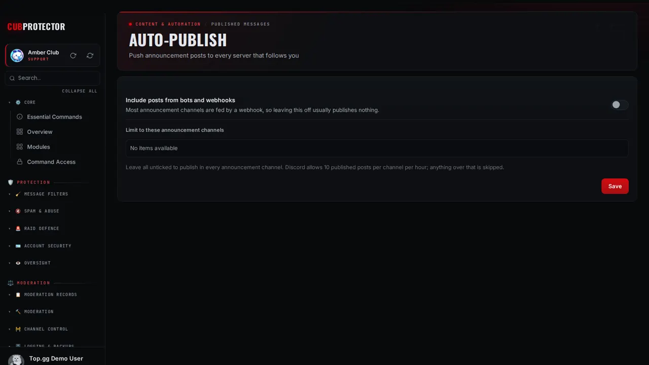 The Auto-Publish page on the CUB PROTECTOR dashboard