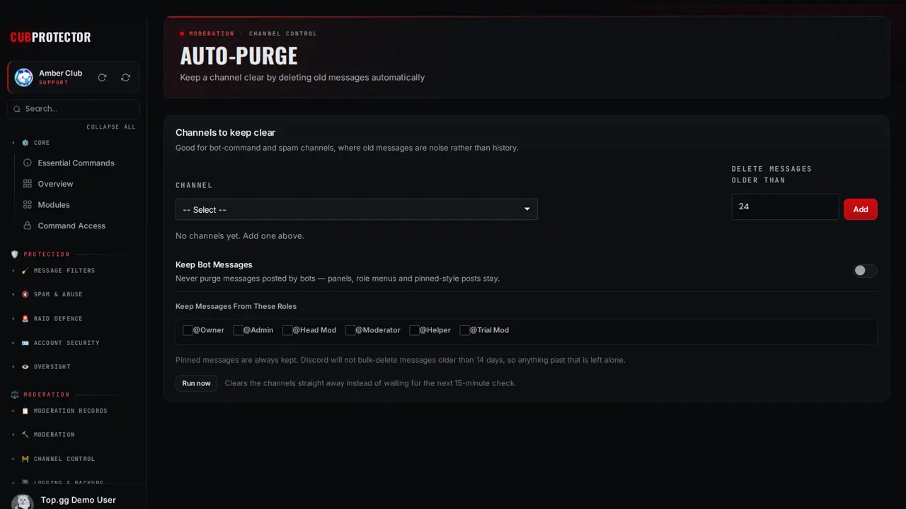 The Auto-Purge page on the CUB PROTECTOR dashboard