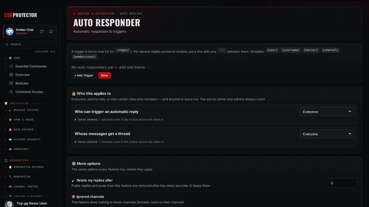 The Auto Reply page on the CUB PROTECTOR dashboard
