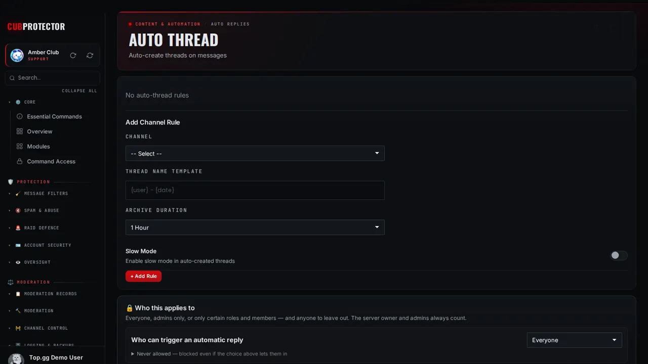 The Auto Thread page on the CUB PROTECTOR dashboard