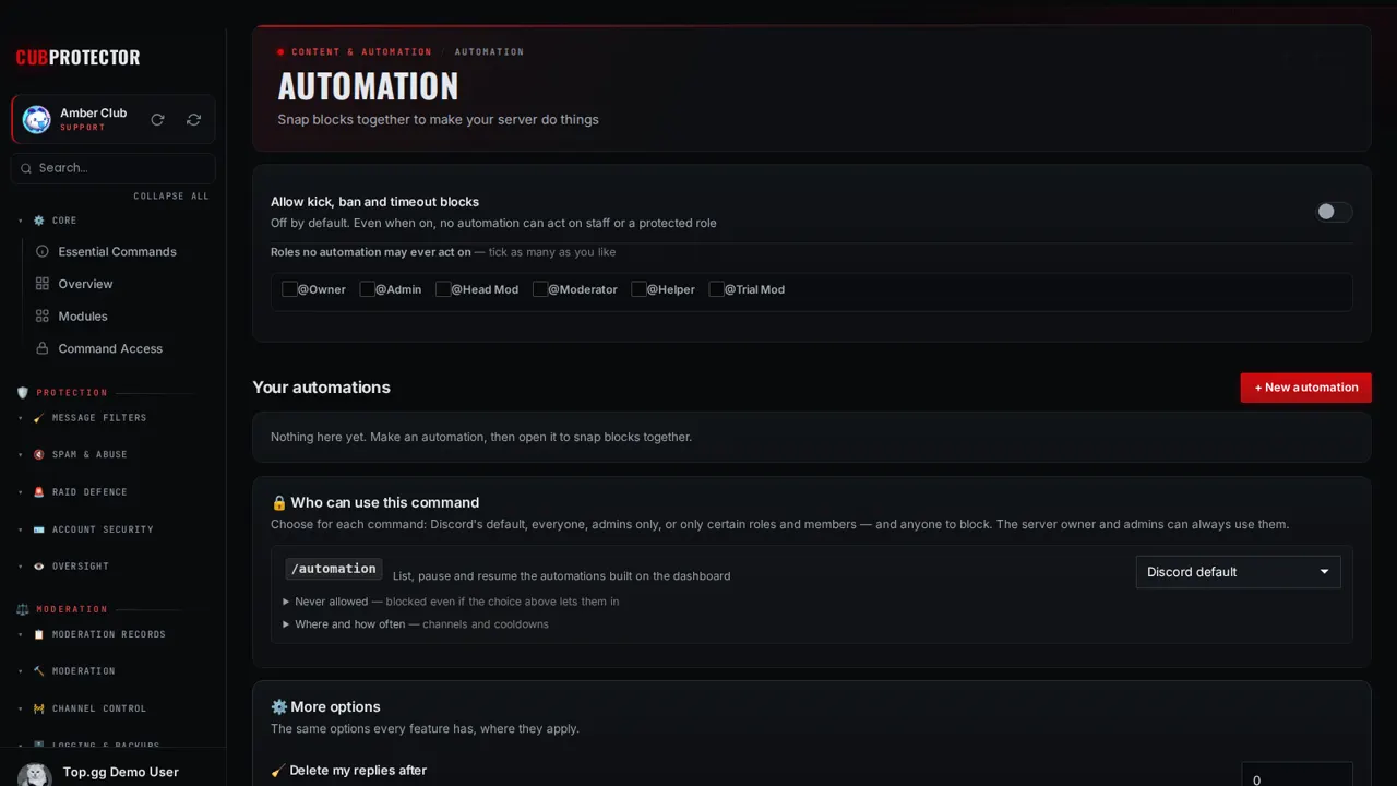 The Automations page on the CUB PROTECTOR dashboard