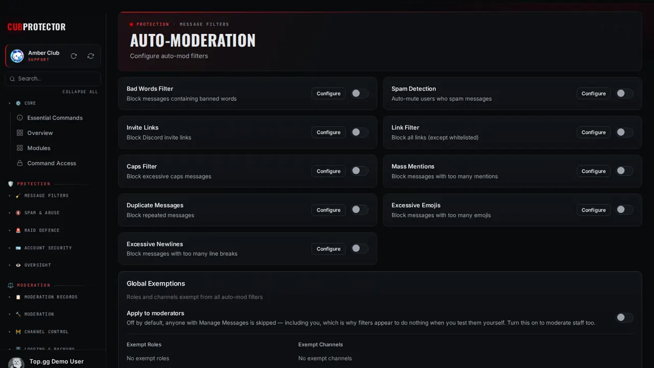The Auto-Mod page on the CUB PROTECTOR dashboard