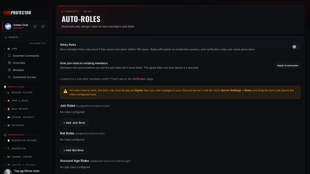 The Auto-Roles page on the CUB PROTECTOR dashboard