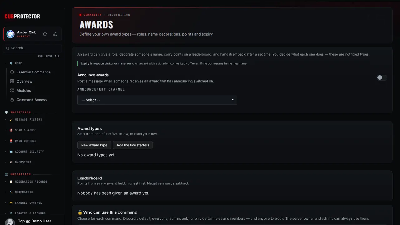 The Awards page on the CUB PROTECTOR dashboard