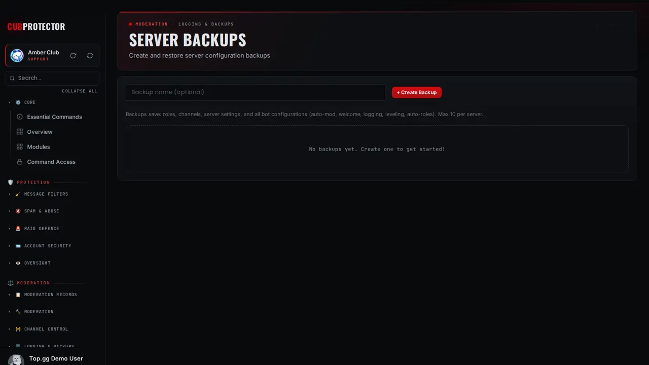 The Backups page on the CUB PROTECTOR dashboard