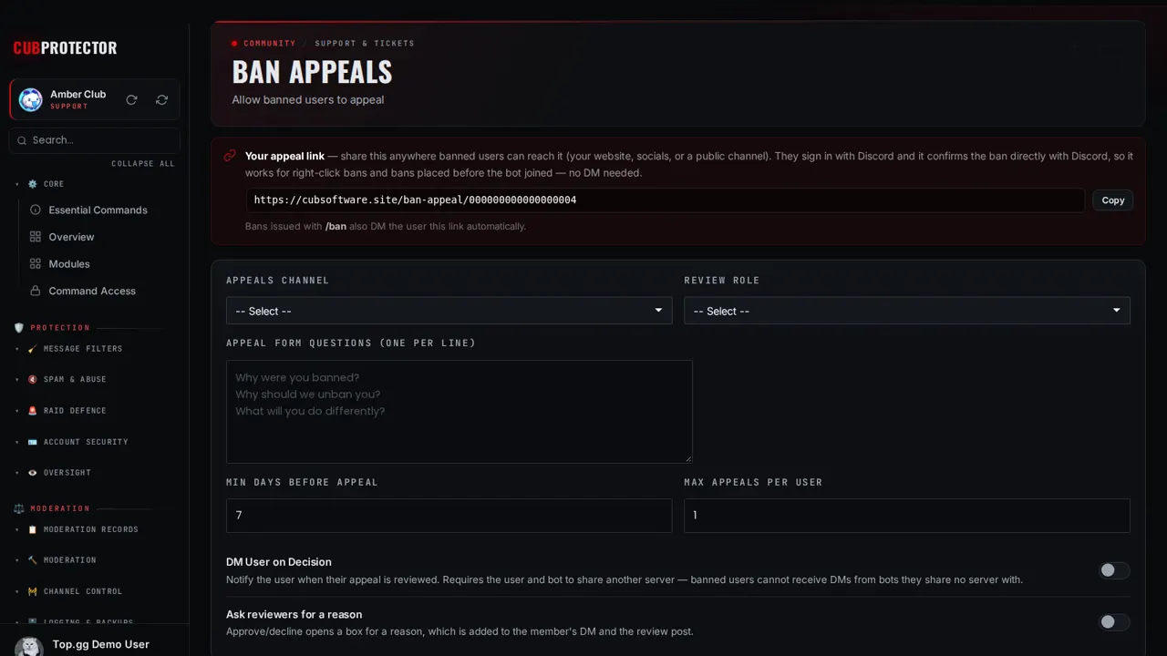 The Ban Appeals page on the CUB PROTECTOR dashboard