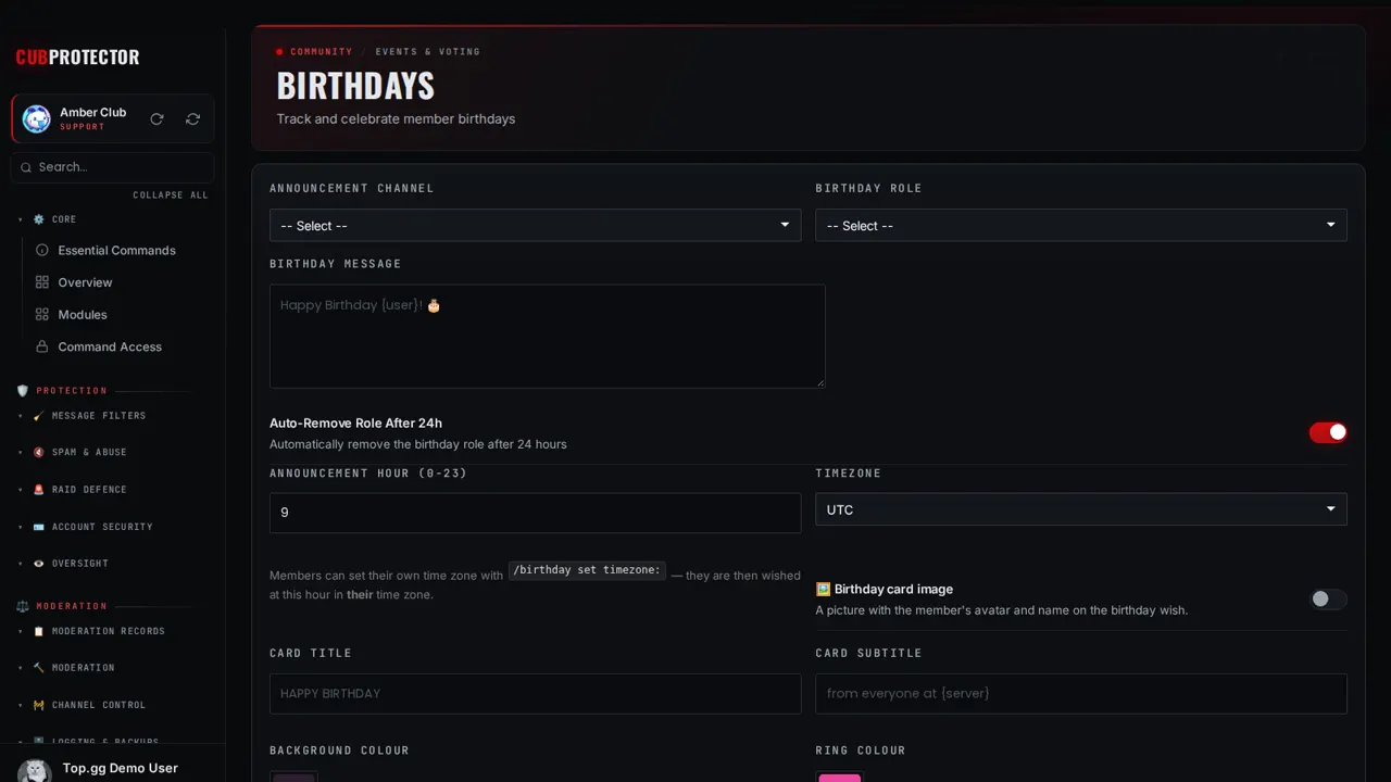 The Birthdays page on the CUB PROTECTOR dashboard