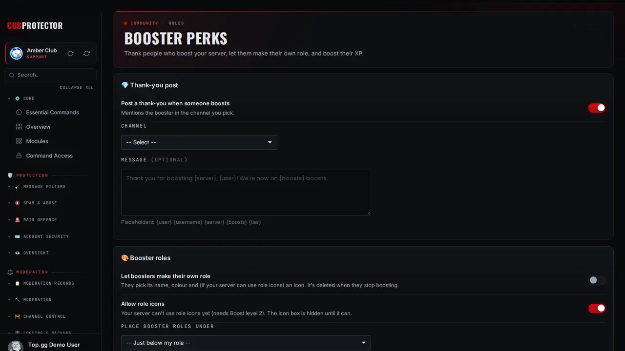 The Booster Perks page on the CUB PROTECTOR dashboard