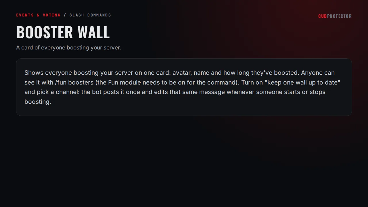 The Booster Wall page on the CUB PROTECTOR dashboard