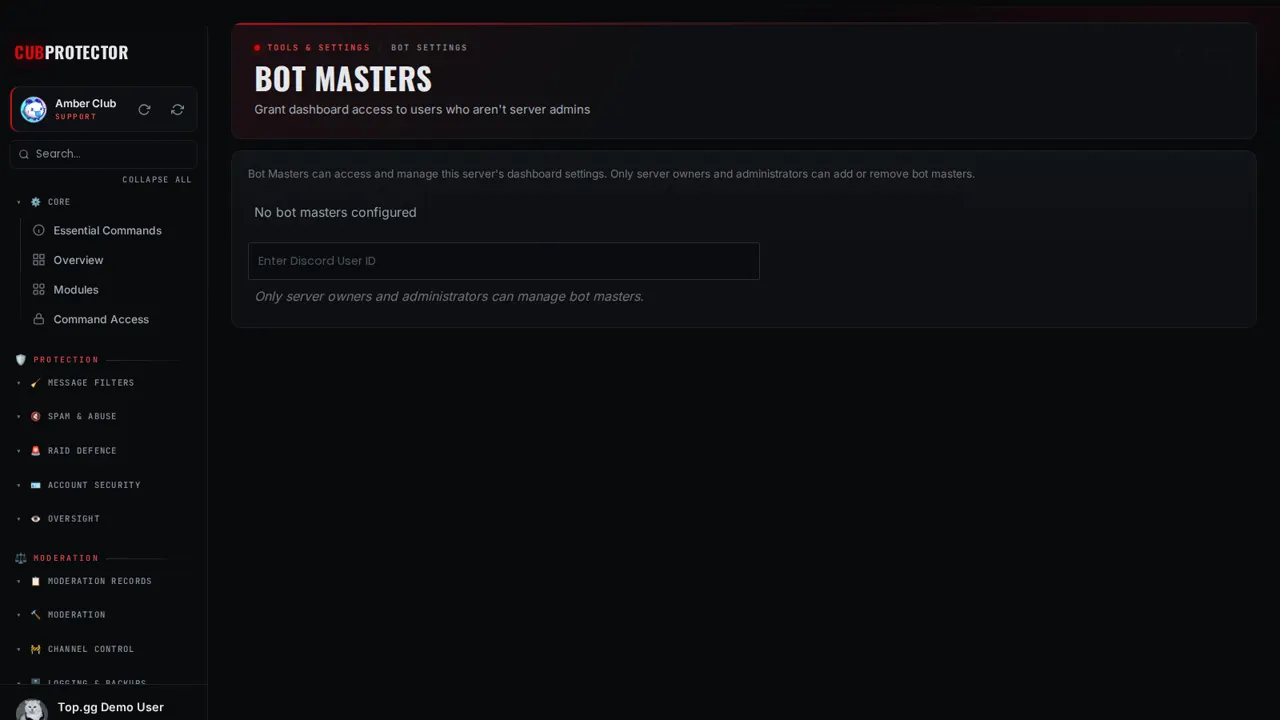 The Bot Masters page on the CUB PROTECTOR dashboard