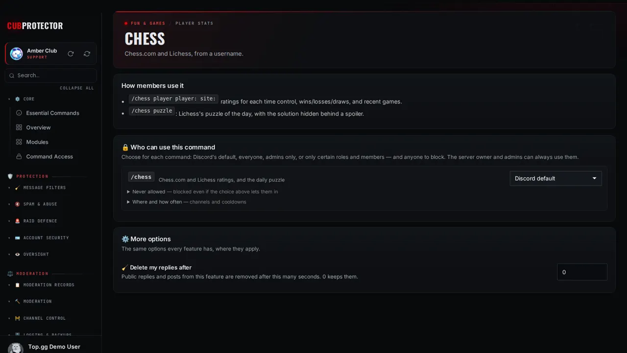 The Chess page on the CUB PROTECTOR dashboard