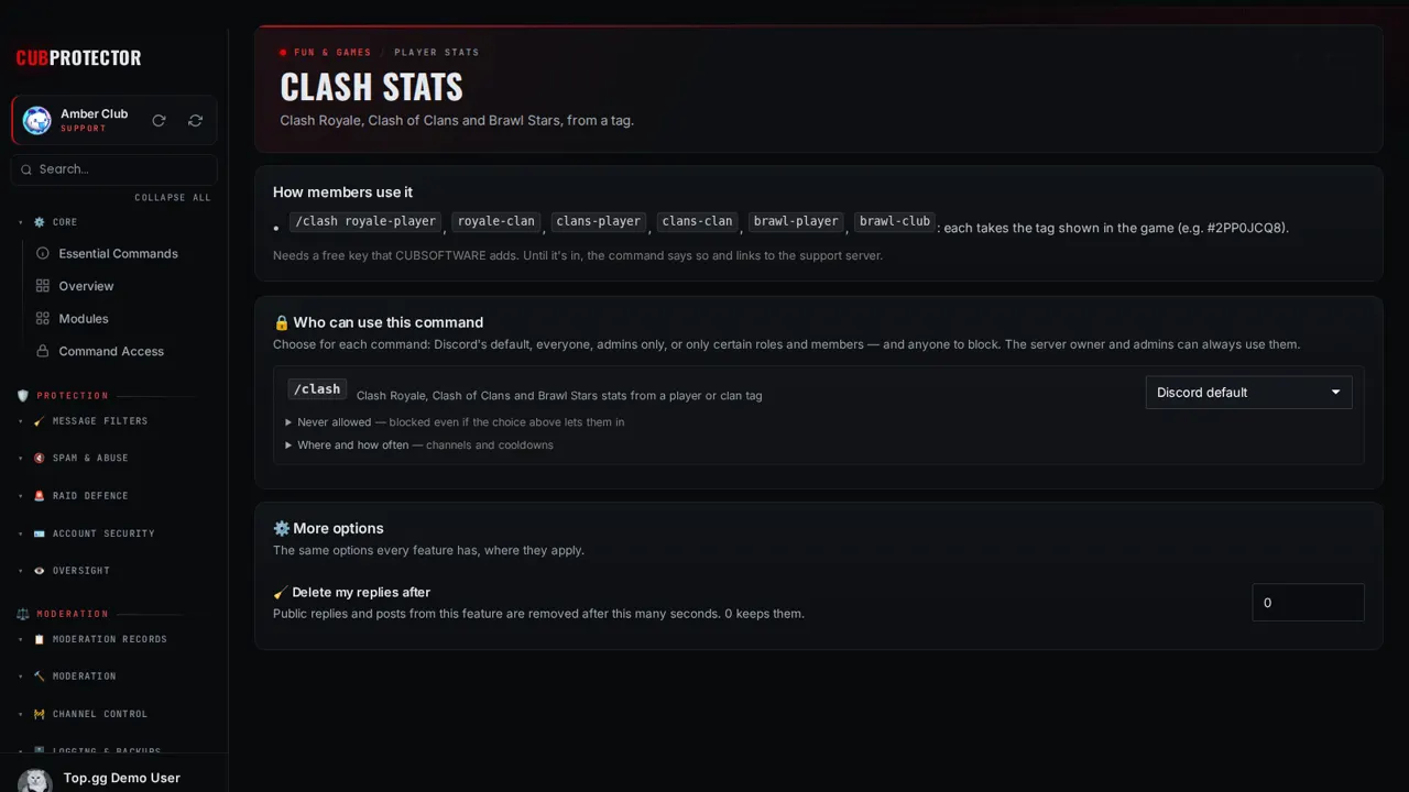 The Clash Stats page on the CUB PROTECTOR dashboard