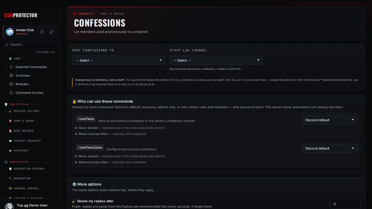 The Confessions page on the CUB PROTECTOR dashboard