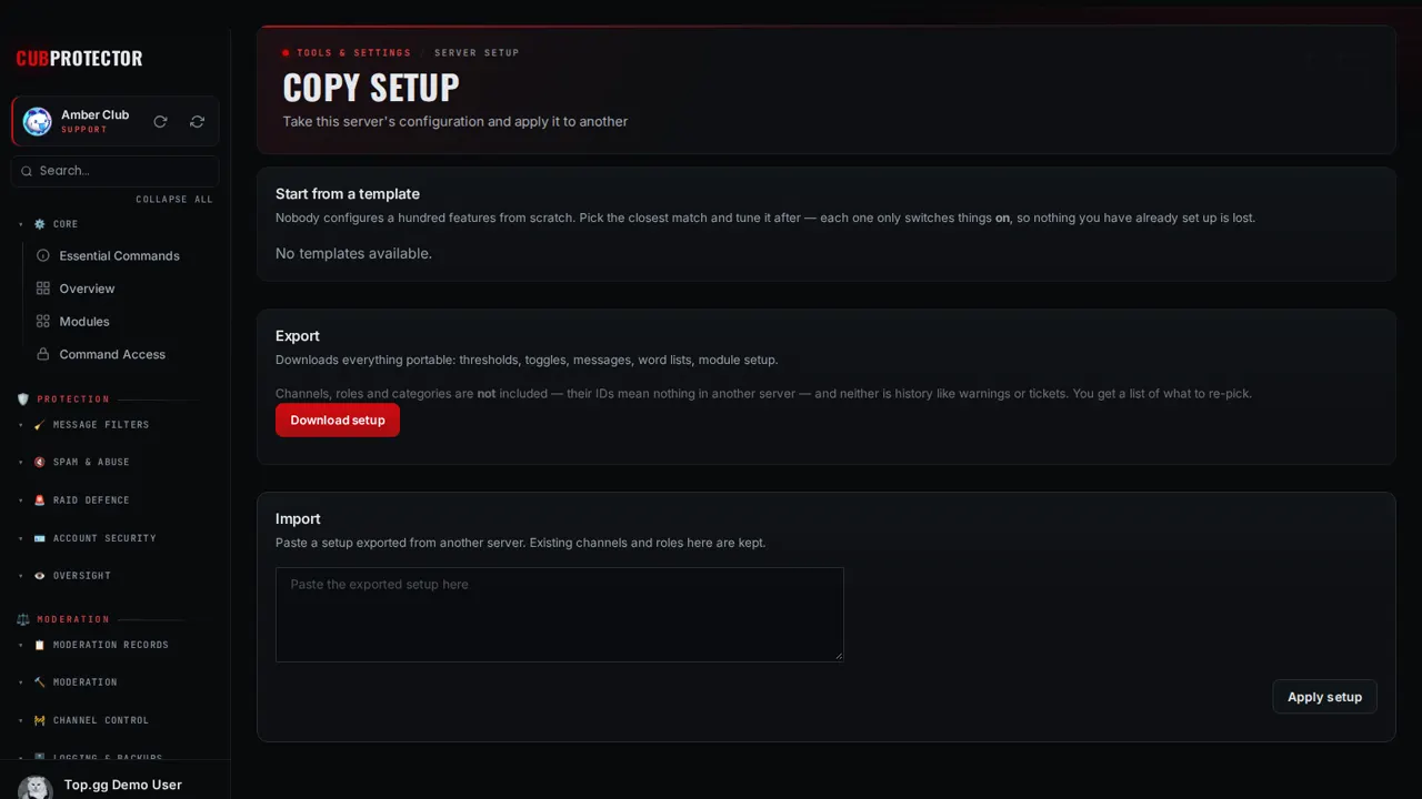 The Copy Setup page on the CUB PROTECTOR dashboard