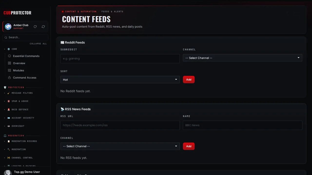 The Content Feeds page on the CUB PROTECTOR dashboard