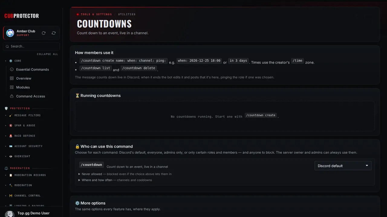 The Countdowns page on the CUB PROTECTOR dashboard