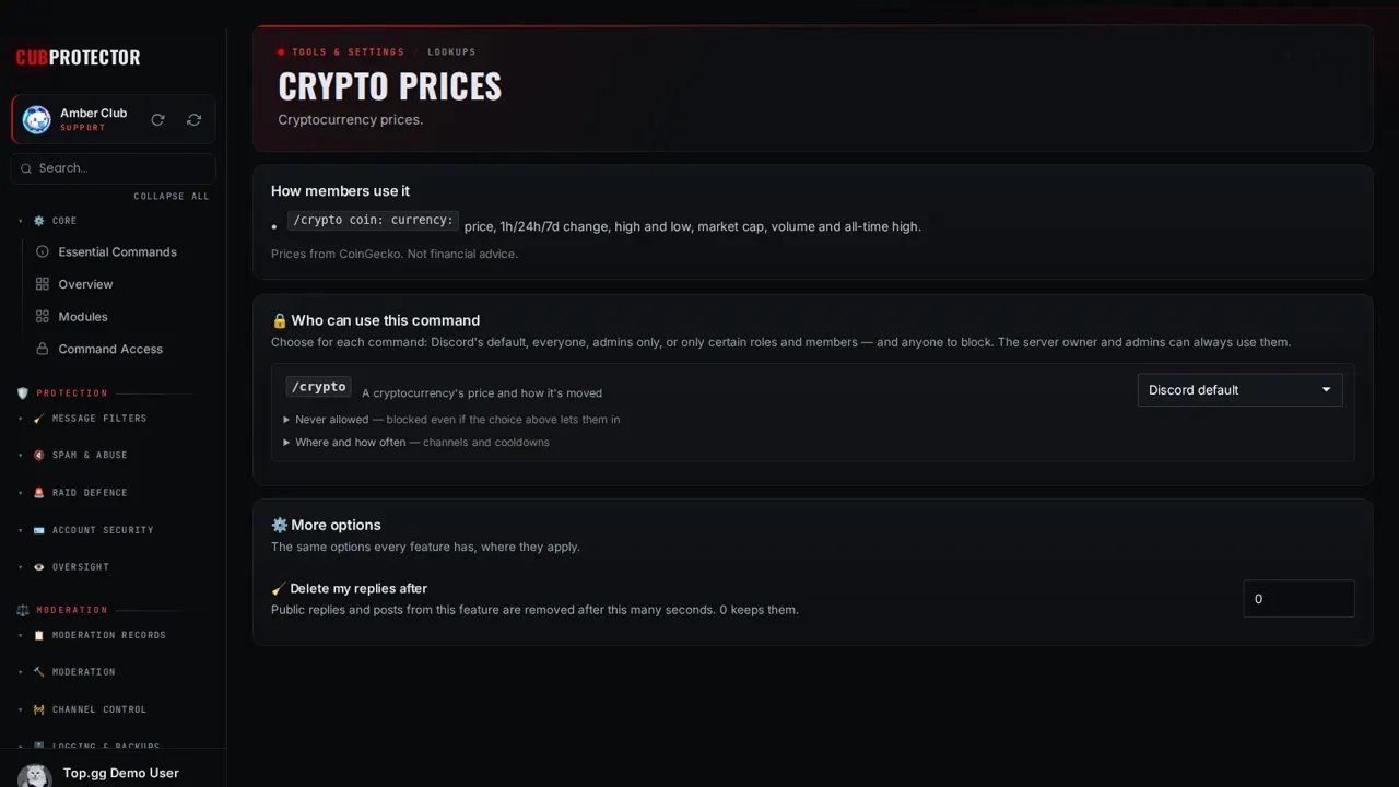 The Crypto Prices page on the CUB PROTECTOR dashboard