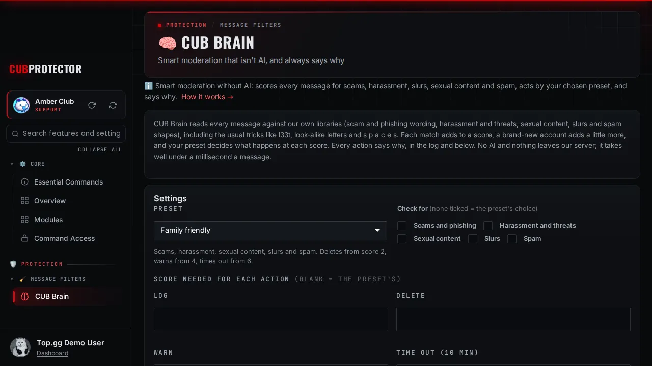 The CUB Brain page on the CUB PROTECTOR dashboard