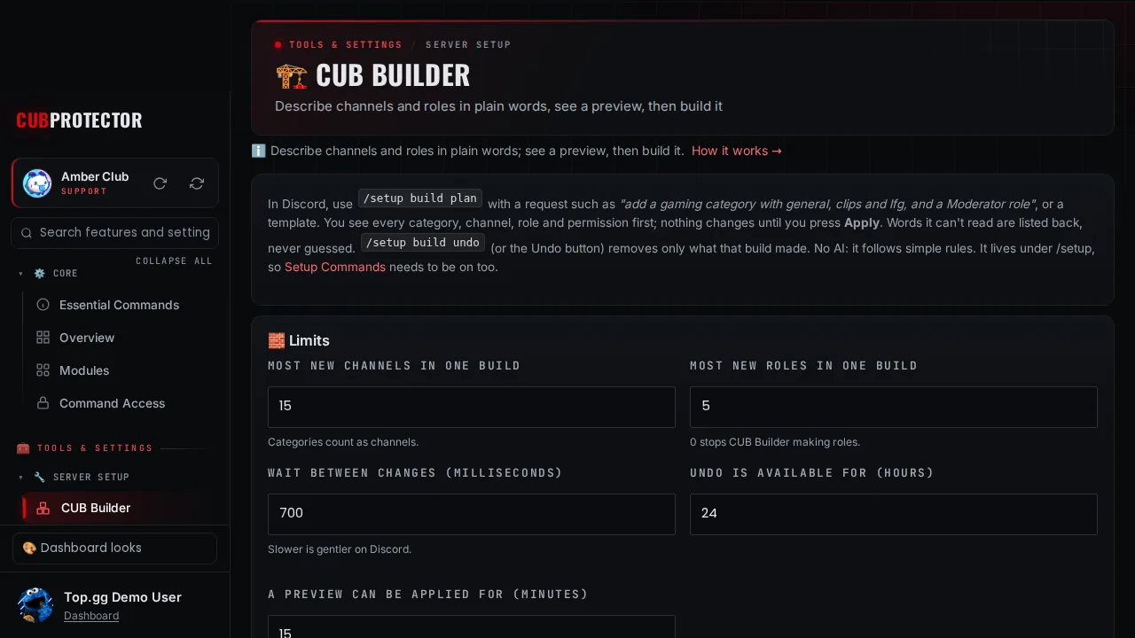 The CUB Builder page on the CUB PROTECTOR dashboard
