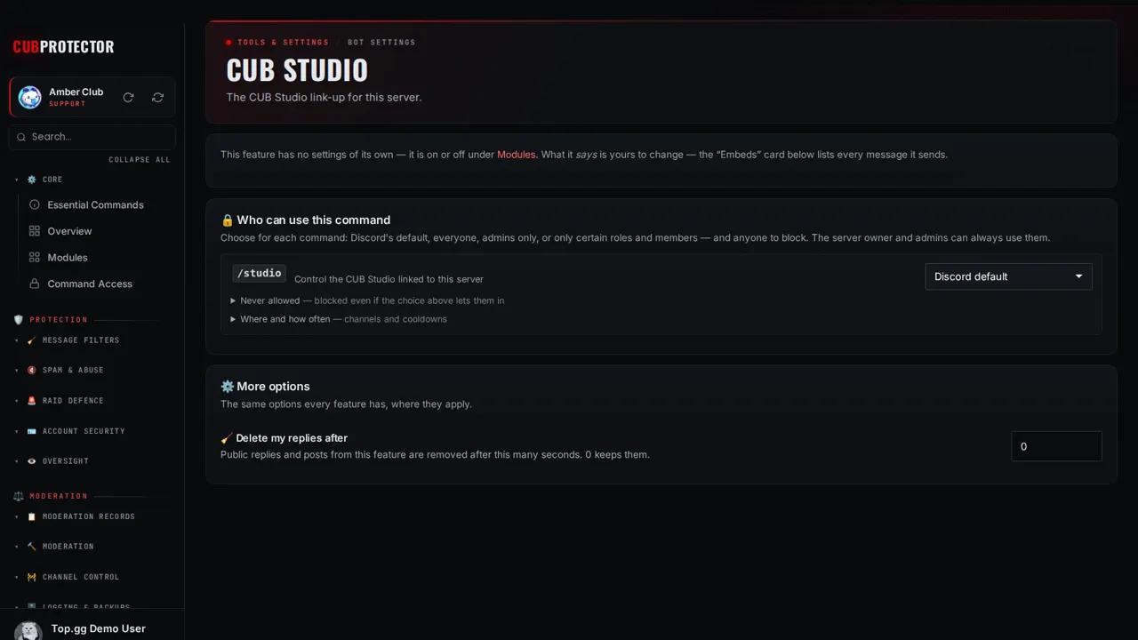 The CUB Studio page on the CUB PROTECTOR dashboard