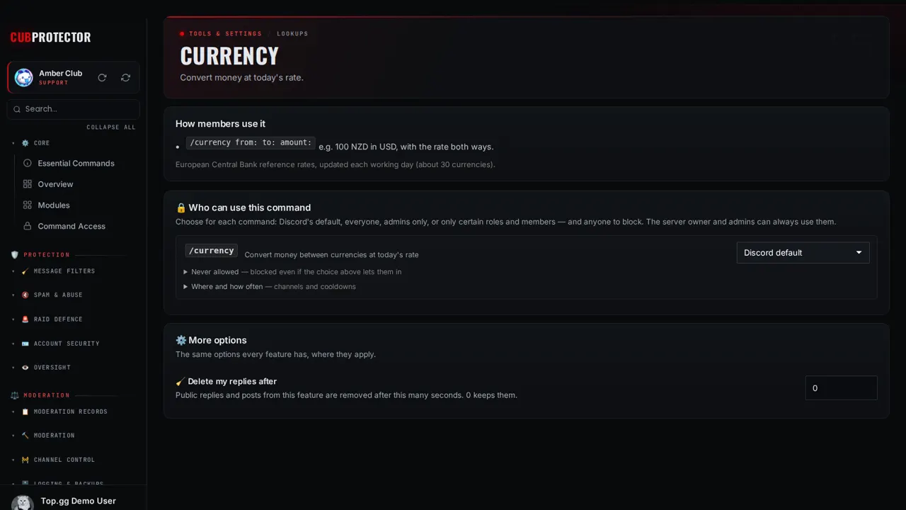 The Currency page on the CUB PROTECTOR dashboard