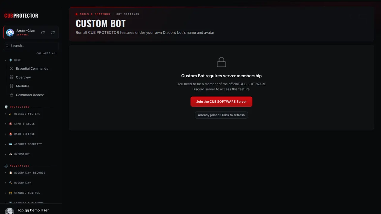 The Custom Bot page on the CUB PROTECTOR dashboard