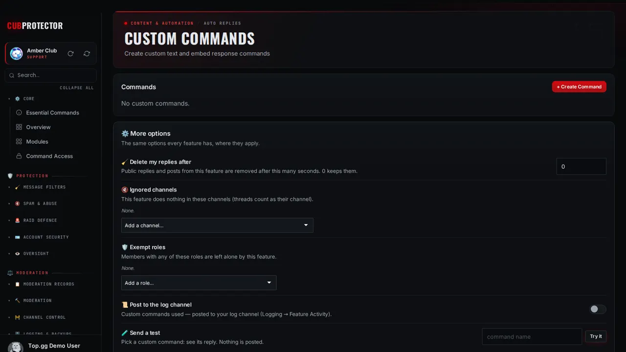 The Custom Commands page on the CUB PROTECTOR dashboard