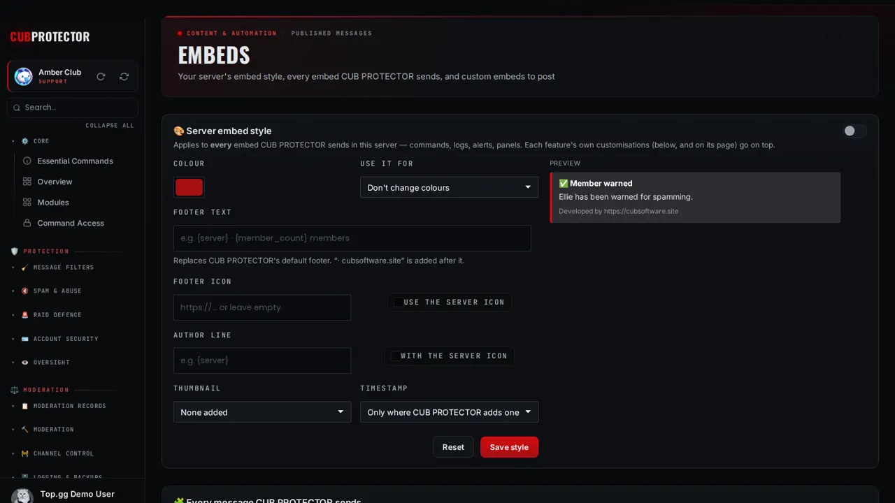 The Embeds page on the CUB PROTECTOR dashboard