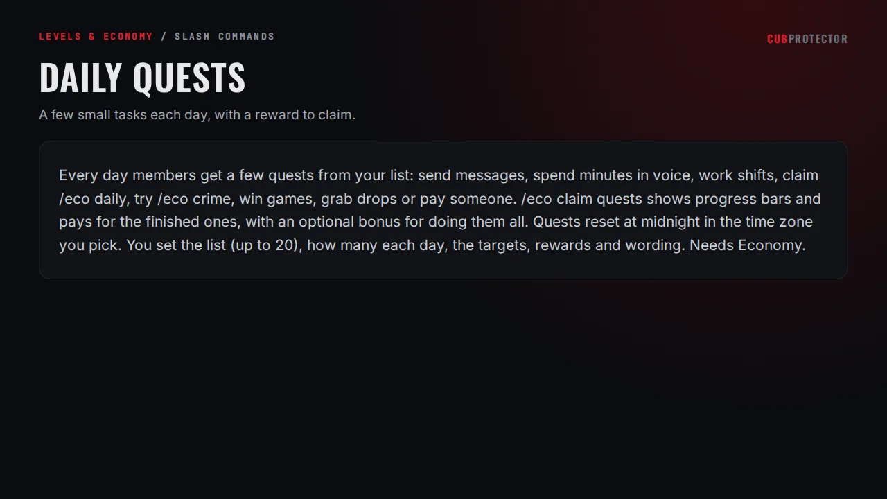 The Daily Quests page on the CUB PROTECTOR dashboard