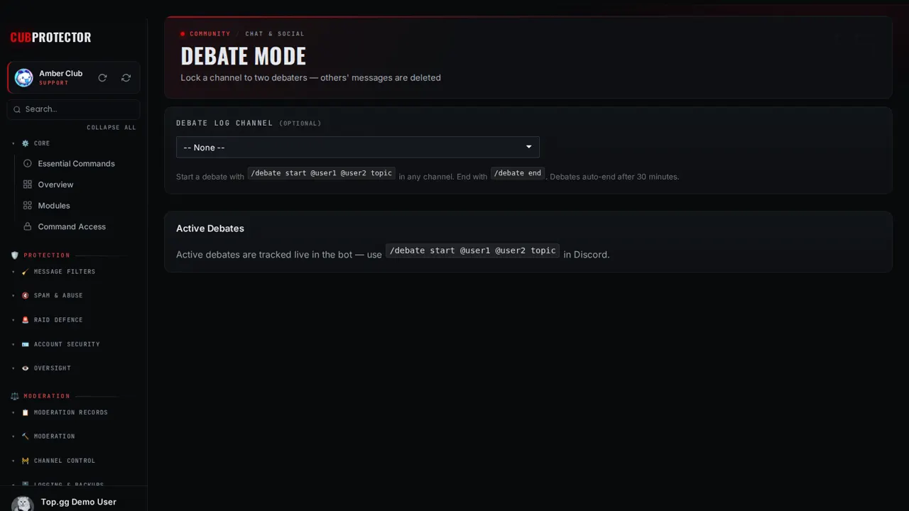 The Debate Mode page on the CUB PROTECTOR dashboard