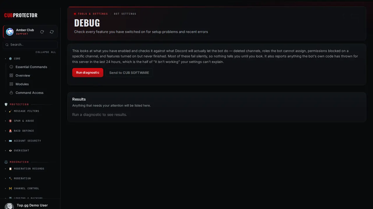 The Debug page on the CUB PROTECTOR dashboard