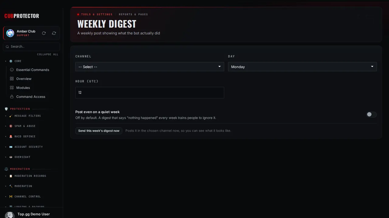 The Weekly Digest page on the CUB PROTECTOR dashboard