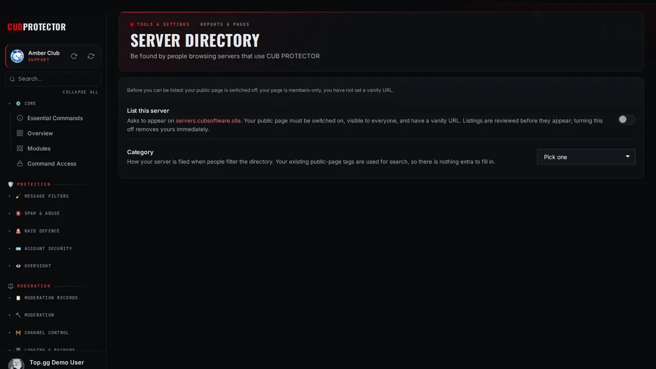 The Server Directory page on the CUB PROTECTOR dashboard