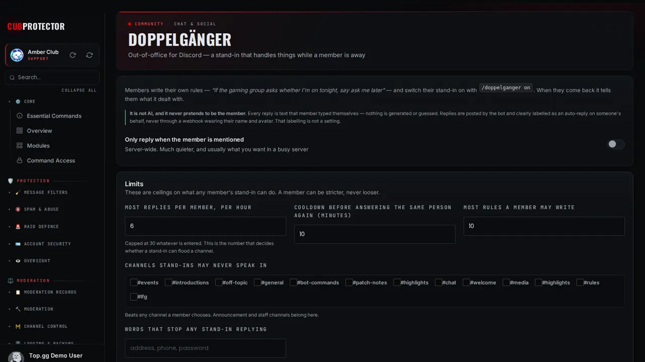 The Doppelgänger page on the CUB PROTECTOR dashboard