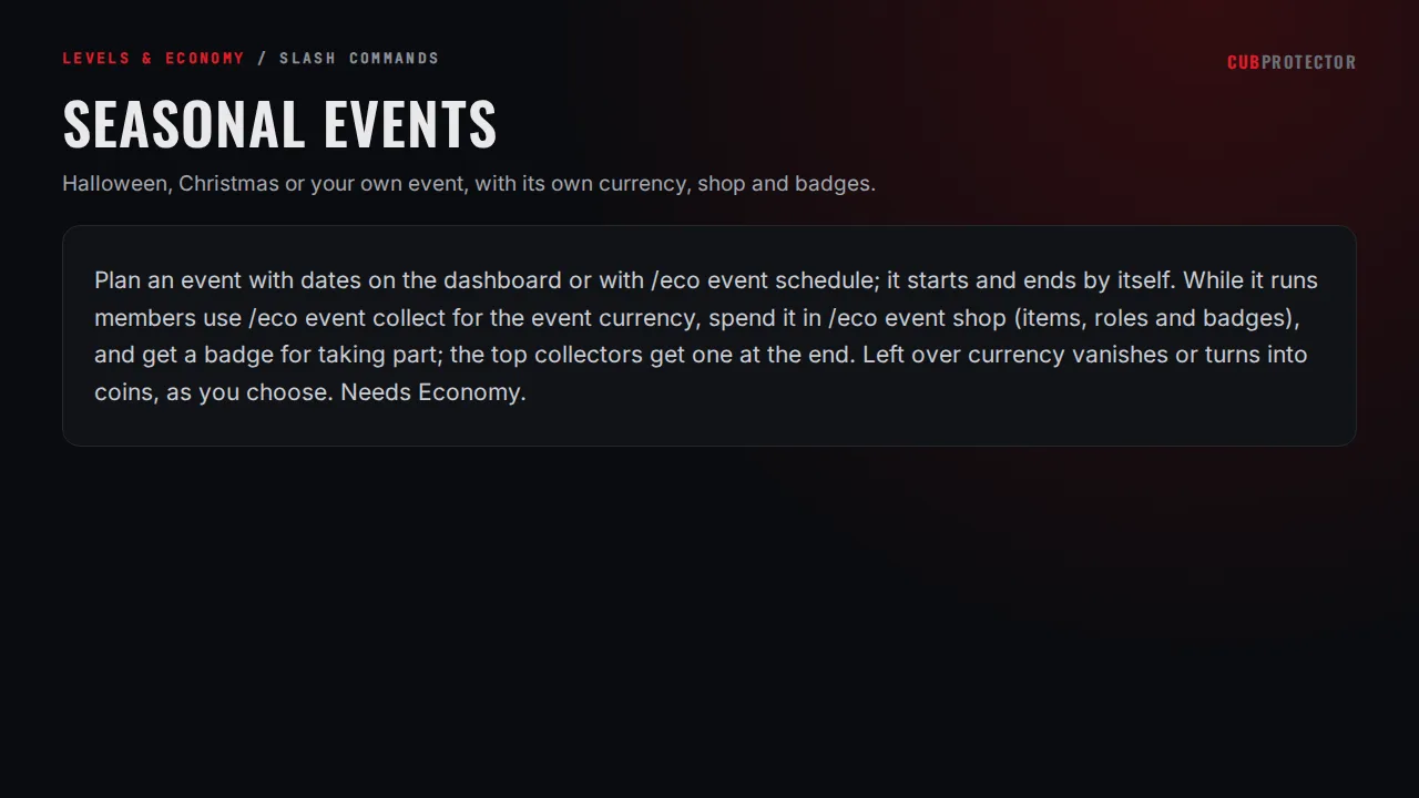 The Seasonal Events page on the CUB PROTECTOR dashboard