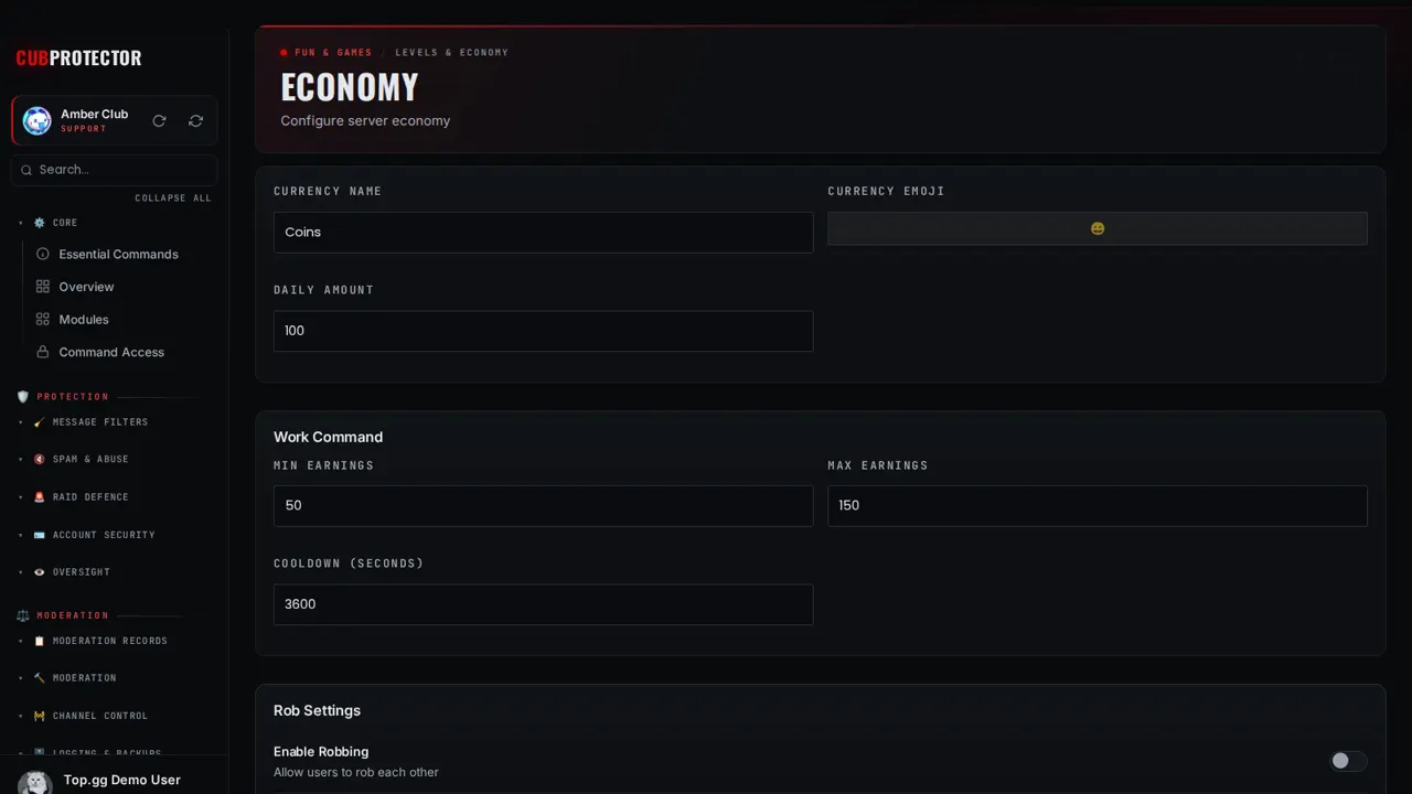 The Economy page on the CUB PROTECTOR dashboard