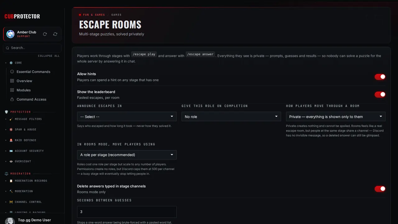 The Escape Rooms page on the CUB PROTECTOR dashboard