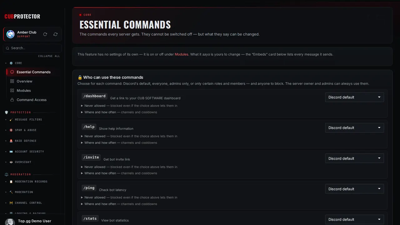 The Essential Commands page on the CUB PROTECTOR dashboard